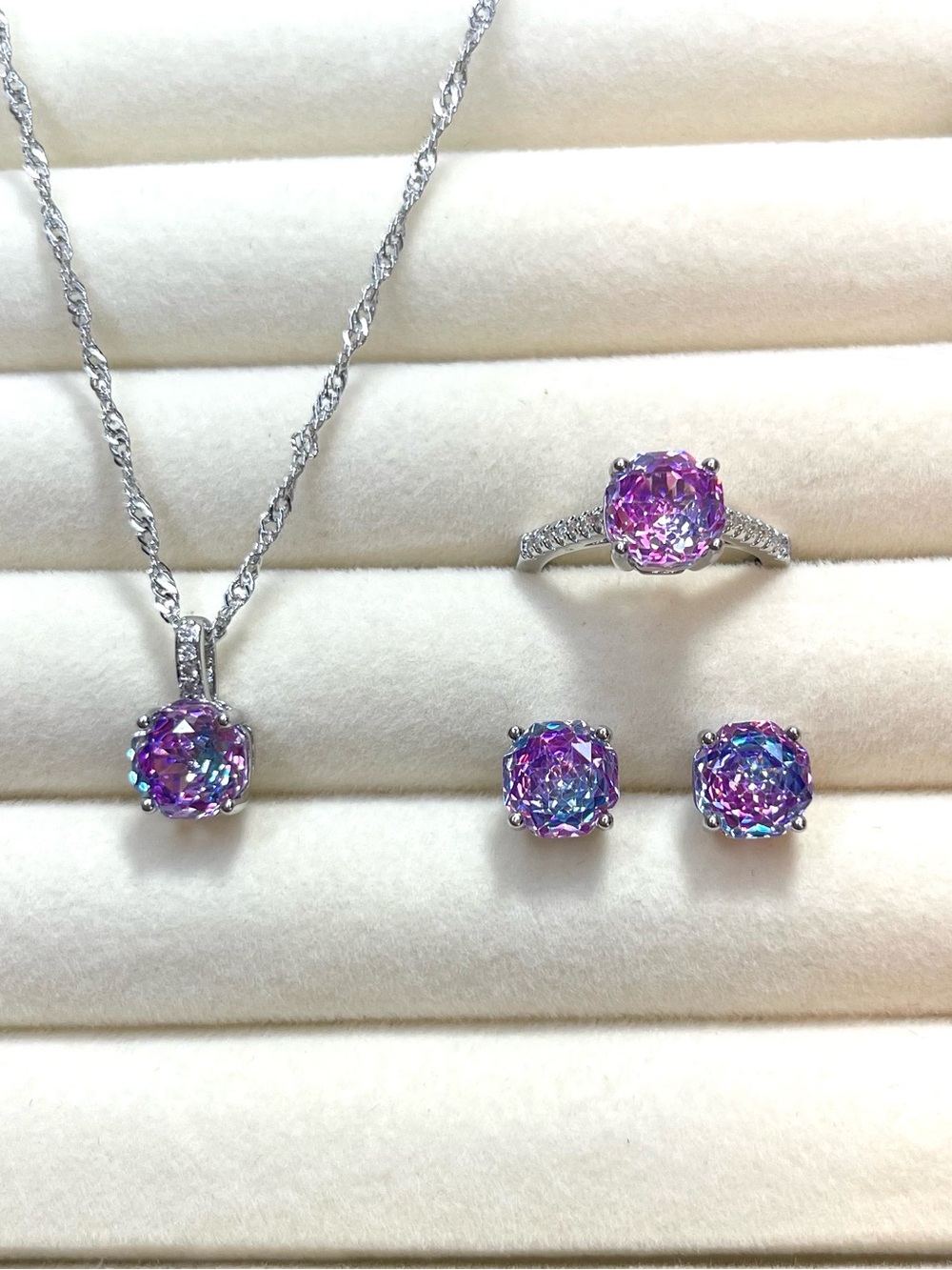 Mystic Pink-Purple Solitaire Pendant Necklace — Silver-Tone